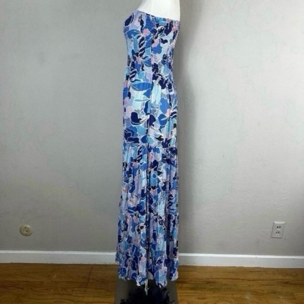 Abel the Label Blue Floral Smocked Strapless Maxi Dress Vacation Resort Boho - Picture 4 of 5